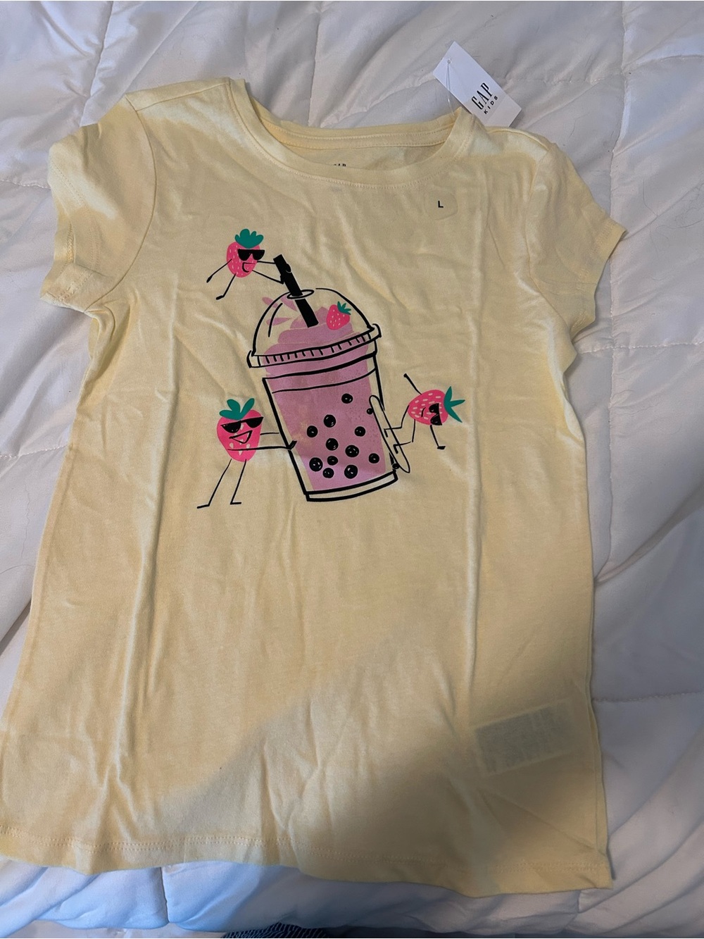 GAP Yellow Tee with Pink Bubble Tea & Strawberry Friends